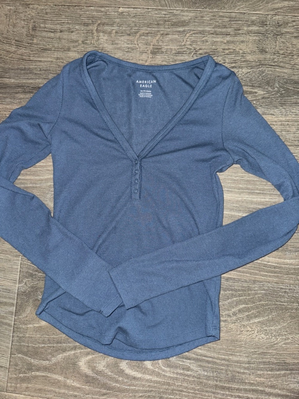 American Eagle Outfitters Long-Sleeve Ribbed Henley Top - Slate blue Gray XS